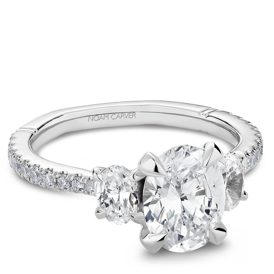 Maharaja Collection Oval and Round Diamond Three Stone Semi-Mount Engagement Ring in 14K White Gold (0.75ctw)