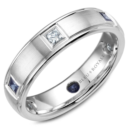 A Bleu Royale White Gold Wedding Band With 3 Princess Diamonds 0.30Ct And 3 Princess Blue Sapphires 0.33Ct 5.5MM SZ 10