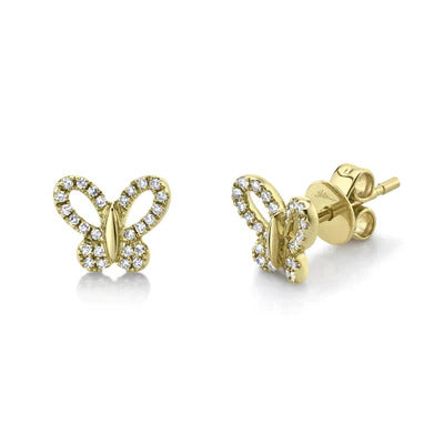 Maharaja Collection Round Diamond Butterfly Stud Earrings in 14K Yellow Gold (0.11ctw)