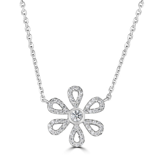 Maharaja Collection Round Diamond Flower Necklace in 14K White Gold (0.19ct)