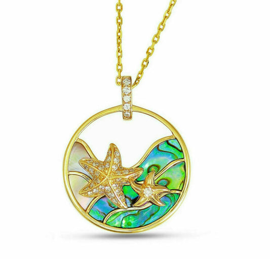 Maharaja Collection Starfish Pendant with White Mother Of Pearl and Abalone in 14K Yellow Gold (0.18ct)