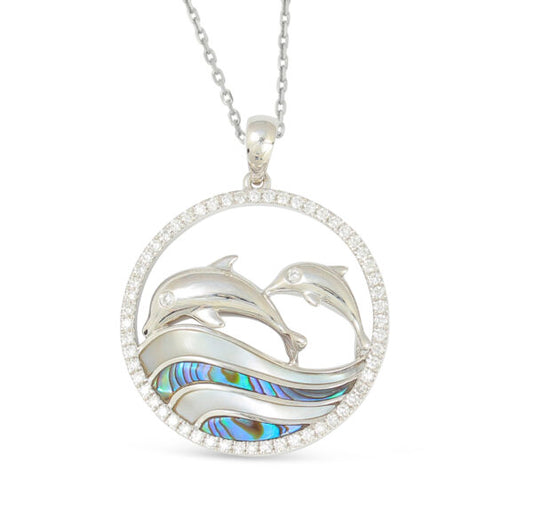 Maharaja Collection Double Dolphin Pendant Necklace in 14K White Gold (0.37ct)