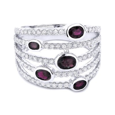 Maharaja Collection Round Diamond and Oval Ruby Cluster Ring in 14K White Gold (1.57ct)