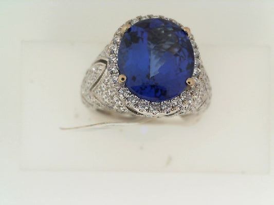 Maharaja Collection Round Diamond and Oval Tanzanite Ring in 18K White Gold (6.59ctw)