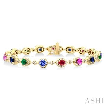 Maharaja Collection Mixed Shape Gemstone Bracelet with 1.30ctw Diamonds, Pear, Oval Rubies, Emerald Sapphires, Tanzanite, and Pink Sapphires in 14K Yellow Gold (1.3ctw)
