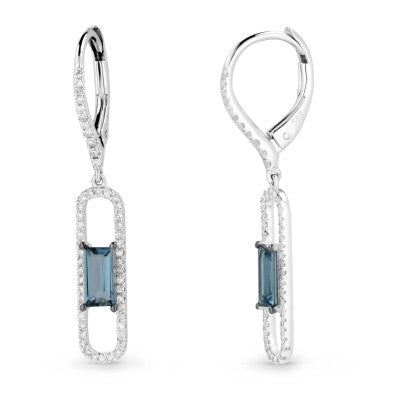 Maharaja Collection Round Diamond and Rectangular Cushion Blue Topaz Dangle Earrings in 14K White Gold (1.04ct)