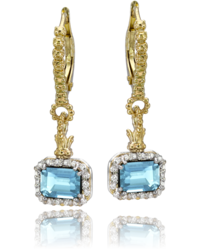 Maharaja Collection Rectangular Cushion Blue Topaz Drop Earrings with Diamond Accents in Sterling Silver and 14K Yellow Gold (0.18ctw)