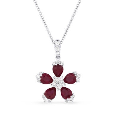 Maharaja Collection Round Diamond and Pear Ruby Pendant Necklace in 14K White Gold (1.98ctw)