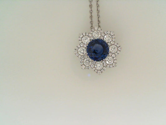 Maharaja Collection Round Diamond and Sapphire Pendant Necklace in 18K White Gold (3.9ct)