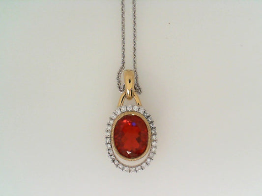 Maharaja Collection Round Diamond and Oval Fire Opal Pendant in Two-Tone 18K Gold (0.25ct)