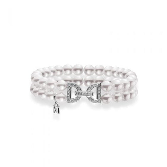 Maharaja Collection Akoya Cultured Pearl Double Row Bracelet with Diamond Clasp (0.47ct) in 18K White Gold