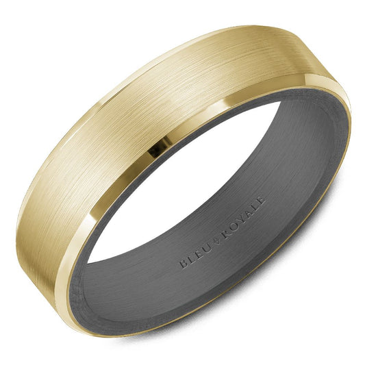 Maharaja Collection Tantalum and Yellow Gold Men's Wedding Band with Sandpaper Top and High Polish Bevel Edge, 6mm Wide in 14K Yellow Gold