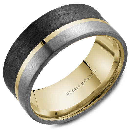 Maharaja Collection Forged Carbon and Tantalum Men's Wedding Band in 14K Yellow Gold, 9mm Wide, Size 10