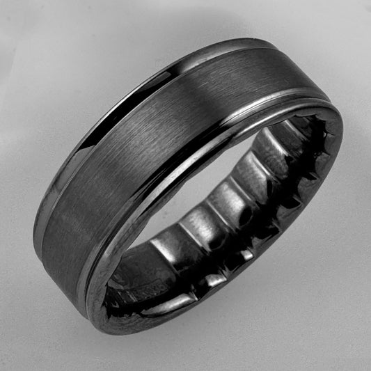 Maharaja Collection Sand Paper Center and High Polish Edges Men's Wedding Band in Gunmetal Rhodium Plated 14K Gold (2mm Thick)