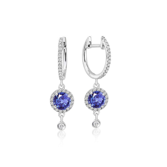Maharaja Collection Round Blue Sapphire Drop Earrings with Diamonds and Sapphires in 14K White Gold (1.32ct)