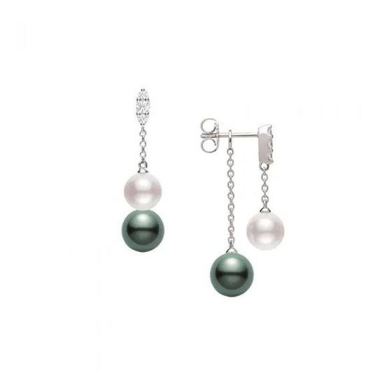 Maharaja Collection Morning Dew Akoya and Black South Sea Cultured Pearl Earrings with Diamonds in 18K White Gold (0.19ct)