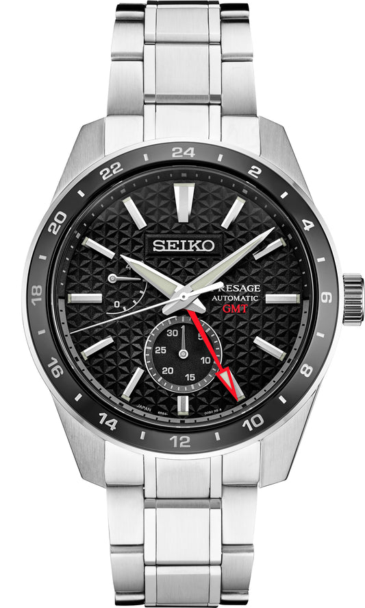 Seiko Presage Sharp-Edged Series GMT Black Dial Watch in Stainless Steel