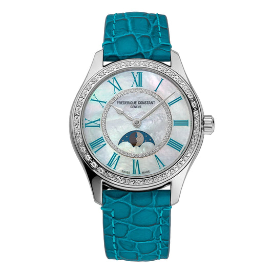 Maharaja Collection Elegance Luna Automatic Watch With Mother Of Pearl Diamond Dial on Blue Leather Strap in Stainless Steel