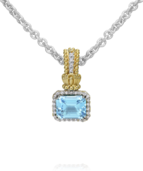 Maharaja Collection Rectangular Sky Blue Topaz and Diamond Necklace in Sterling Silver & 14K Yellow Gold (0.15ctw)