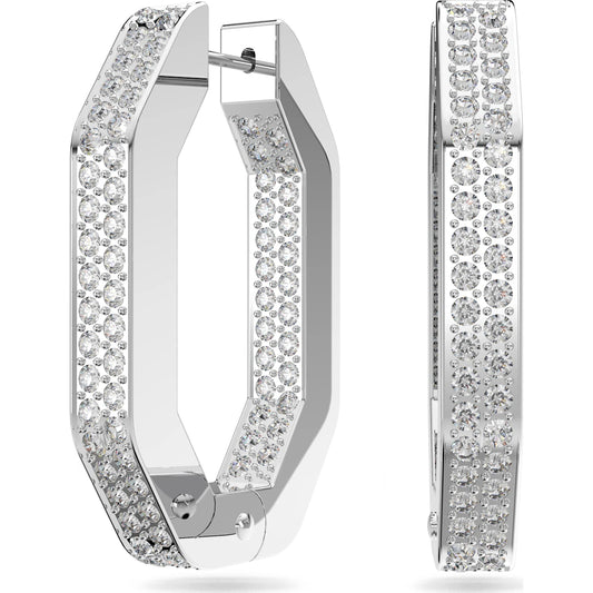 Maharaja Collection Octagon and Pavé Crystal Hoop Earrings in Rhodium Plated