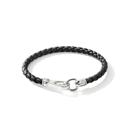 Men's Silver Leather Bracelet with Hook Clasp in Silver