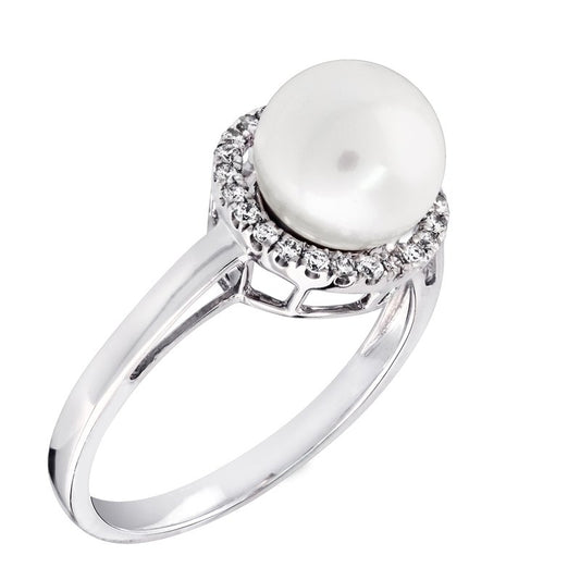 Maharaja Collection Pearl and Round Diamond Halo Ring in 14K White Gold (0.12ctw)