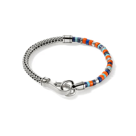 Heishi, Round and Rondelle Lapis Lazuli and Treated Turquoise Bead Bracelet with Orange Enamel on Chain with Hook Clasp
