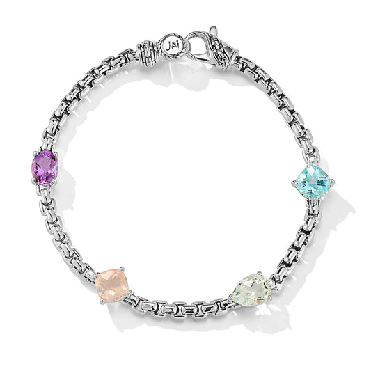 Maharaja Collection Round Ice Gemstone Box Chain Bracelet in Sterling Silver