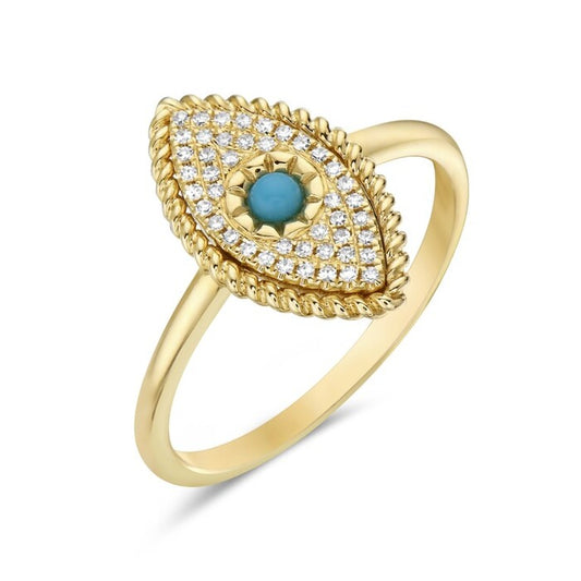 Maharaja Collection Turquoise and Round Diamond Fashion Ring in 14K Yellow Gold (0.16ctw)