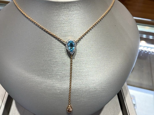 Maharaja Collection Pear Blue Topaz and Round Diamond Lariat Necklace in 14K Yellow Gold (0.08ctw)