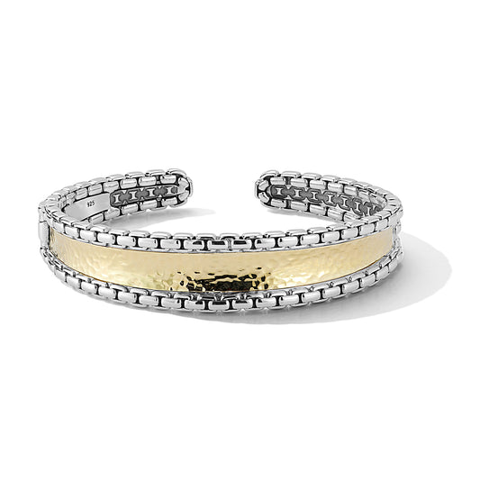 Maharaja Collection Hammered Surface Box Chain Cuff Bangle in Sterling Silver and 14K Gold (Size M)