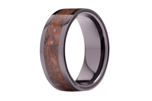 Maharaja Collection Black Ceramic 8mm Flat Polished Wedding Band with Solid Red Dinosaur Bone Inlay in Other Metal