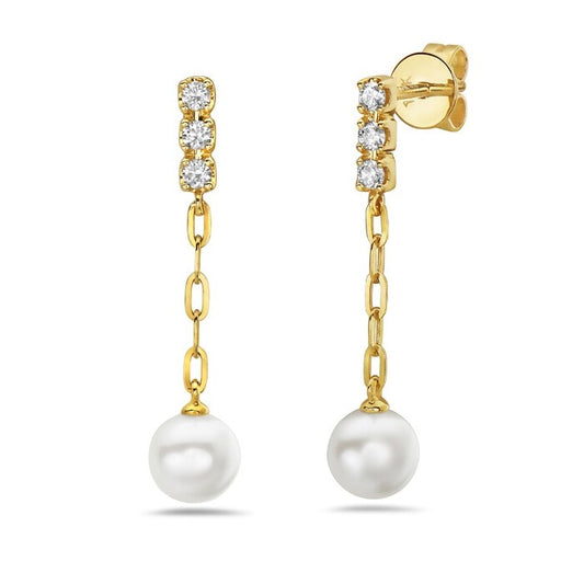 Maharaja Collection Round Diamond and White Pearl Bar Earrings in 14K Yellow Gold (0.16ctw)