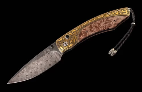 Maharaja Collection Folding Knife With 24kt Gold Koftgari, Redwood Burl Wood and Copper Wave Damascus