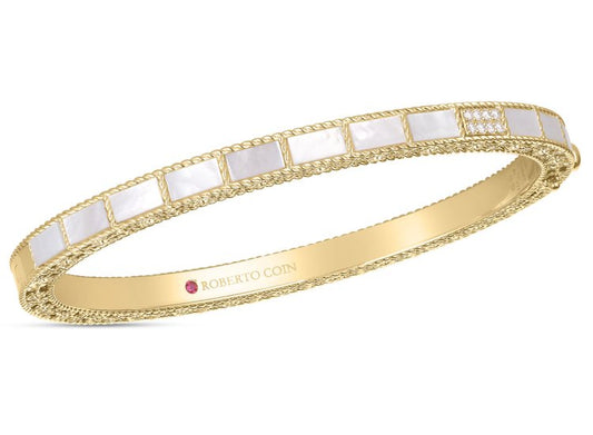 Maharaja Collection Mosaic Mother of Pearl Bangle with Diamond Accents in 18Kt Yellow Gold (0.05ctw)