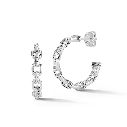 Maharaja Collection Decorative Statement Link & Box Chain Hoop Earrings in Sterling Silver