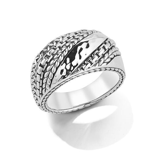 Maharaja Collection Modern Artisan Hammered Band Ring in Sterling Silver