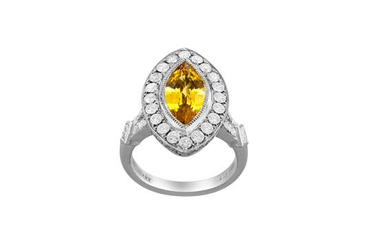 Maharaja Collection Round Diamond and Marquise Yellow Sapphire Ring in 18K White Gold (4.63ctw)