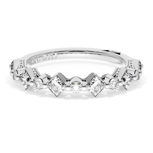 Maharaja Collection Alternating Princess and Round Diamond Wedding Band in 18K White Gold (0.73tcw)