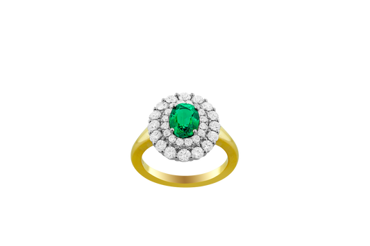 Maharaja Collection Round Diamond and Oval Emerald Halo Ring in Two-Tone 18K Gold (2.24ct)