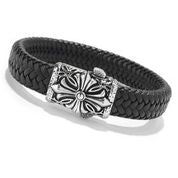Maharaja Collection Cross On Woven Black Leather Bracelet in Silver