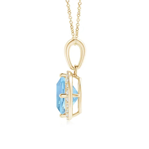 Maharaja Collection Cushion Aquamarine and Diamond Birthstone Necklace in 14K Yellow Gold (1.35ctw)