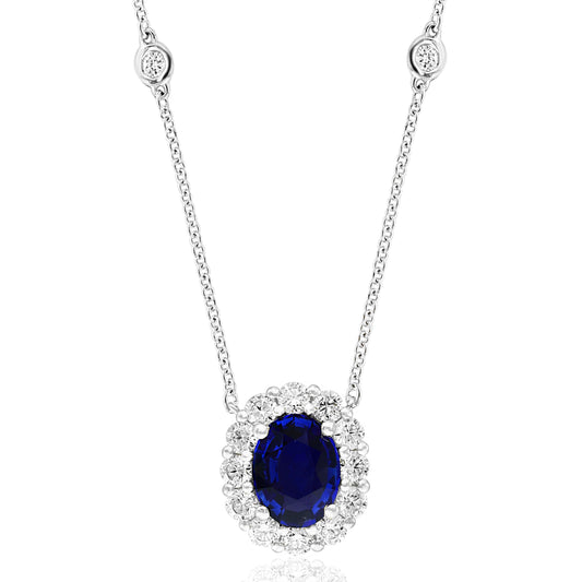 Maharaja Collection Round Sapphire and Diamond Pendant Necklace in 18K White Gold (3.90tcw)