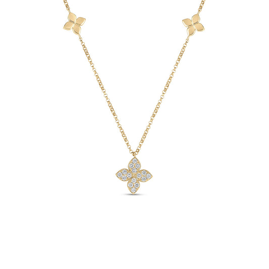 Maharaja Collection Love By The Inch Diamond and Polished Flower Stations Necklace in 18K Yellow Gold (0.17ctw)