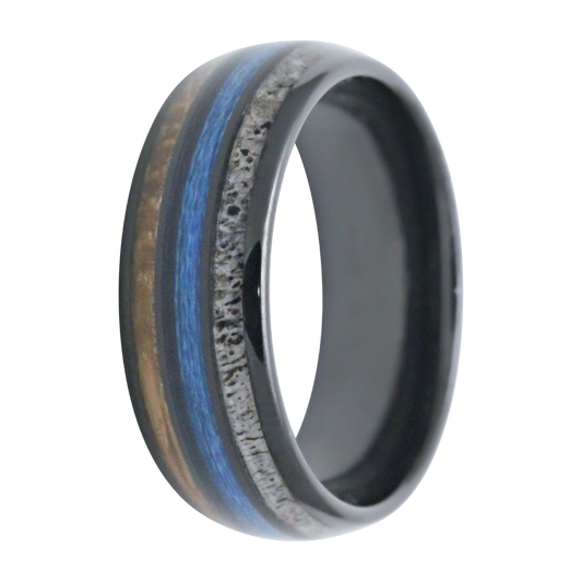 Maharaja Collection Black Ceramic Dome Polished Ring with Antler, Fishing Line, and Whiskey Barrel Wood Inlays in Other Metal