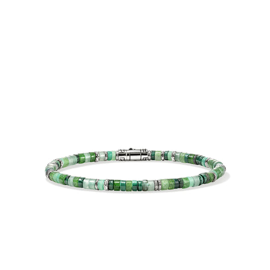 Heishi Silver Bracelet 4mm Malachite, Treated Green Quartz, Green Aventurine, Chrysoprase and Emerald Beads with Pusher Clasp