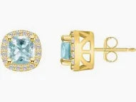 Maharaja Collection Cushion Blue Topaz and Diamond Birthstone Earrings in 14K Yellow Gold (1.5ct)