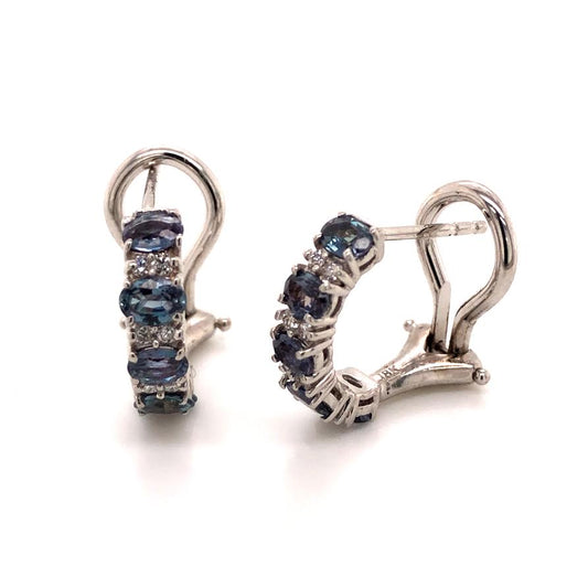 Maharaja Collection Round Alexandrite Mini Huggie Leverback Earrings with 0.90ct Alexandrite and 0.12ctw Diamonds in 18K White Gold (1.02ctw)