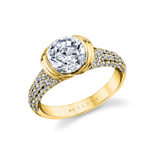 Maharaja Collection Bezel Shell Auranova Cascade Half Bezel Diamond Engagement Ring in 14K Yellow Gold (3.71ctw)
