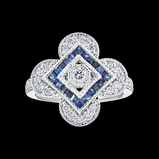 Maharaja Collection Art Deco Sapphire and Diamond Flower Shaped Ring in 14K White Gold